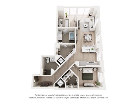 A 3D floor plan of a house with a kitchen, living room, and bedrooms.